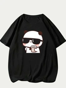T-Shirt 100% Cotton Printed Shirt Cute Bear Unisex Blouse - màu đen - Xem 1