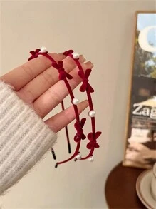 1 Băng đô cài tóc Giáng sinh bằng nhung trơn màu và hợp kim đính nơ và ngọc trai giả thanh lịch cho nữ, dùng khi đi học/tiệc tùng/hàng ngày - Màu Đỏ Sâu - Xem 3