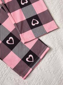 3 件套字母、心形和格子印花睡衣套装，包括圆领短袖 T 恤、松紧腰短裤和休闲裤，舒适女士睡衣 - 彩色 - 查看 8