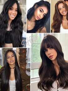 18 英寸 ~ 24 英寸夹式接发假发女士一体式隐形隐形 V 型长直发带长卷发贴片带内扣模拟自然接发 - 黑色 - 查看 8