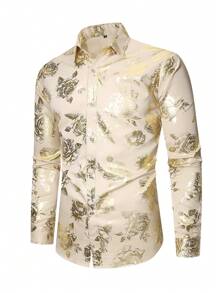 Men's Long Sleeve Shirt With Embroidered Floral Pattern And Gold Foil, Fall - Apricot - View 1
