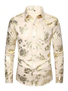 Men's Long Sleeve Shirt With Embroidered Floral Pattern And Gold Foil, Fall - Apricot - View 3