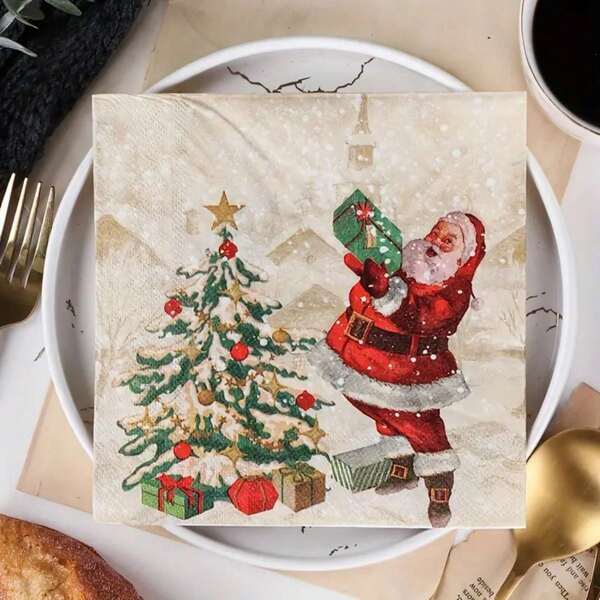 20pcs/Bag Christmas Tree Print Napkin Creative Theme Christmas Party Napkin Party Decoration Tissue Placemat Paper,Christmas