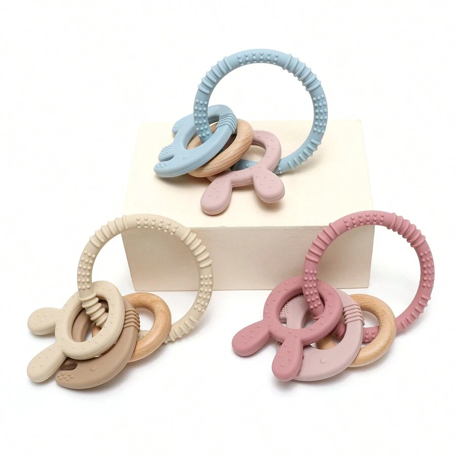 4 Peças Brinquedos de Dentição em Forma de Elefante e Coelho, Conjunto