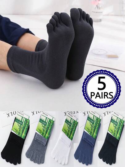 5 Pairs Men's Breathable Toe Five Finger Socks Spring & Autumn Mid-Calf Solid Color Moisture Wicking Sports Toe Socks