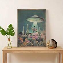 1pc Cowboy Art Poster Printing Art, Framed Home Wall Decoration - UFO Retro Science Fiction Western Cowboy Canvas Art - Ideal Gift For Alien Enthusiasts, Wall Art Decoration - 薄荷藍 - 查看 1