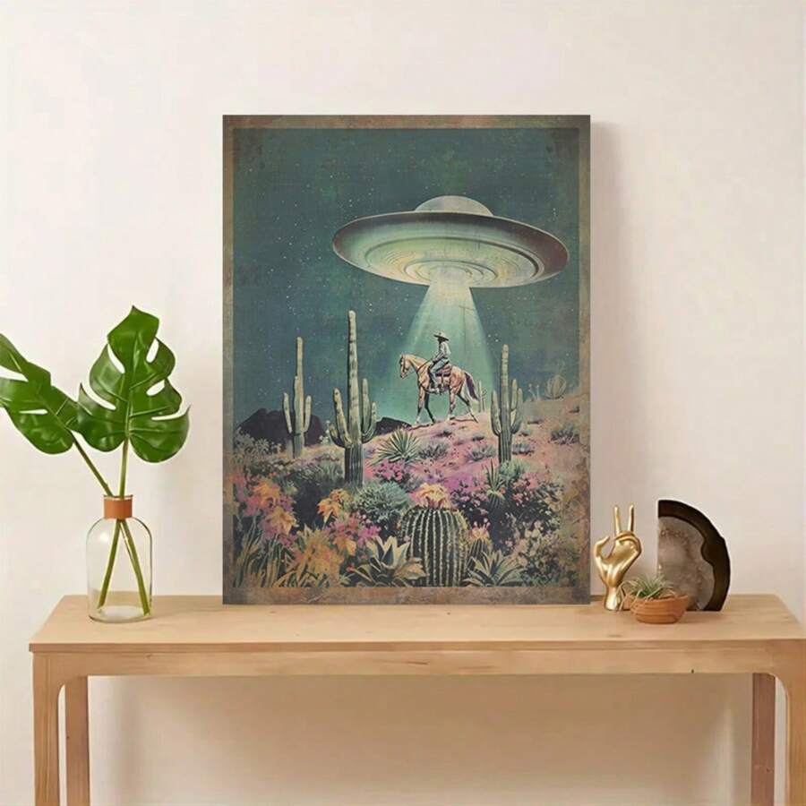 1pc Cowboy Art Poster Printing Art, Framed Home Wall Decoration - UFO Retro Science Fiction Western Cowboy Canvas Art - Ideal Gift For Alien Enthusiasts, Wall Art Decoration - 薄荷藍 - 查看 1