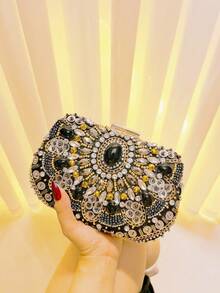 Túi xách buổi tối phong cách cổ điển dành cho nữ đính hạt thủ công Túi cầm tay đính đá giả kim cương giả Túi xách dự tiệc cưới có vai màu đen - màu đen - Xem 1