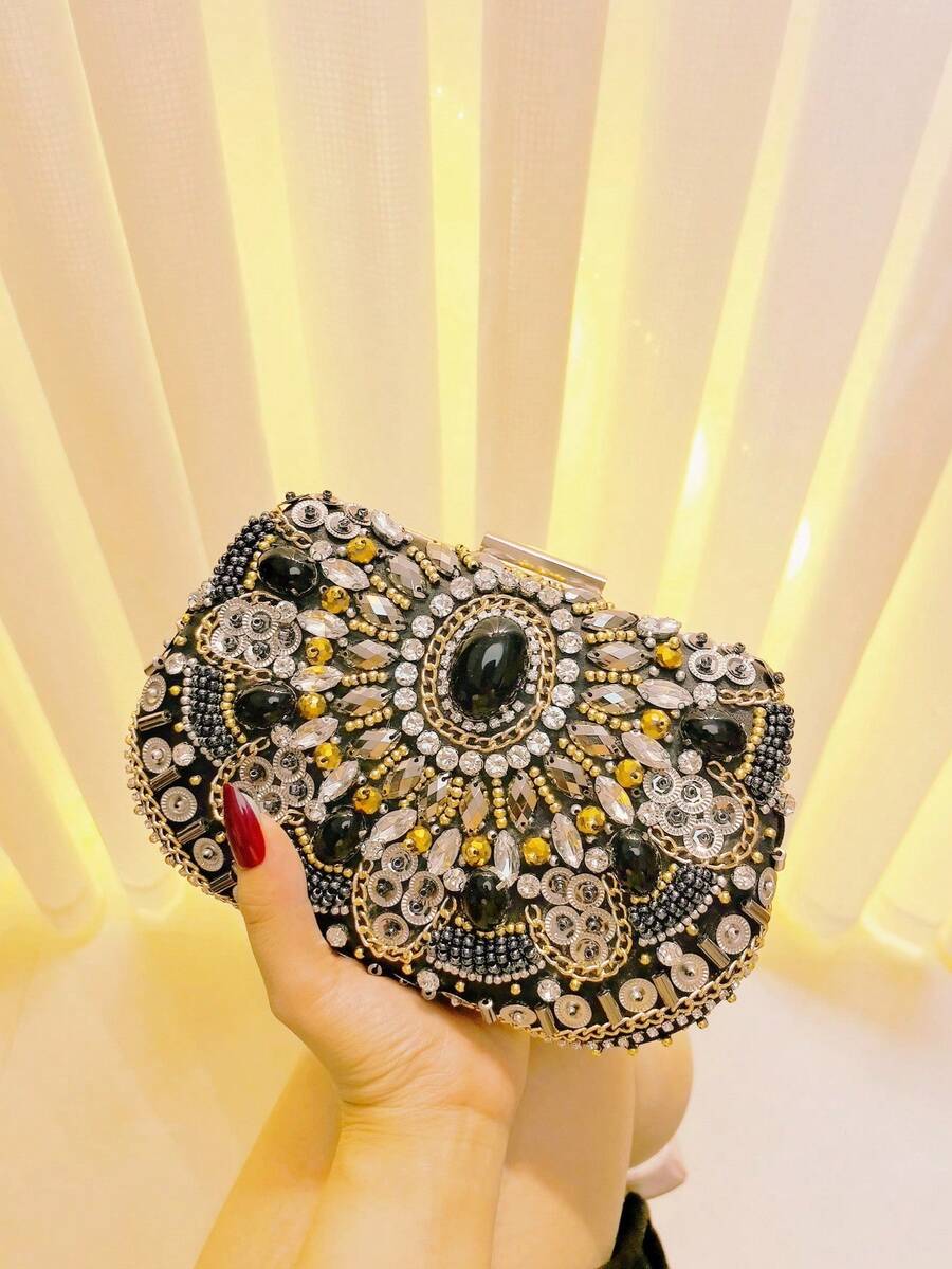 Túi xách buổi tối phong cách cổ điển dành cho nữ đính hạt thủ công Túi cầm tay đính đá giả kim cương giả Túi xách dự tiệc cưới có vai màu đen - màu đen - Xem 1