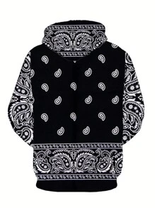 Plus Size Men 3D Paisley Floral Print Hoodie Sweatshirt - Black - View 2