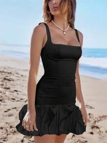 女士日常穿着方领后拉链时尚鸡尾酒会迷你连衣裙，优雅新娘礼服，新娘送礼会礼服，婚纱，新娘春季黑色连衣裙 - 黑色 - 查看 7