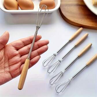 1pc/3pcs/6pcs, Whisk With Solid Wood Handle, Kitchen Mini Stainless Steel Egg Beater, Milk Whipper Wire Whisk For Blending, Whisking, Beating, Or Stirring, 7.9 Inch