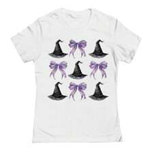 Nearly There Purple Coquette Bow Hat Halloween Graphic Cotton Ladies T-Shirt