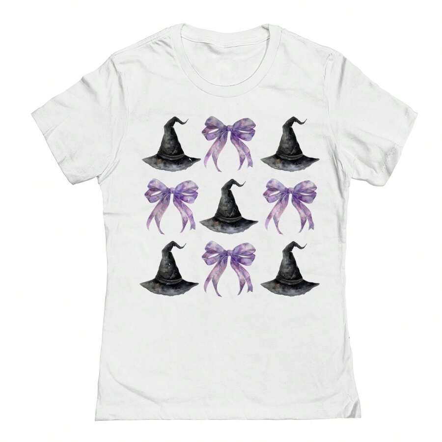 Nearly There Purple Coquette Bow Hat Halloween Graphic Cotton Ladies T-Shirt