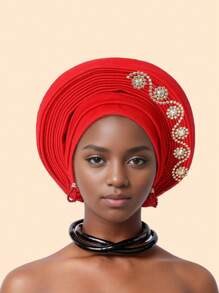 1件优雅重工闪光面料多层可调节头巾帽穆斯林非洲帽，适合日常佩戴、婚礼和派对、睡眠时佩戴。 - 彩色 - 查看 31