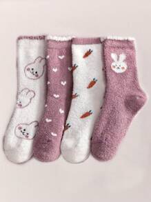 4 双/包儿童卡通兔子、爱心、胡萝卜图案保暖仿羊绒中筒袜，秋冬款 - 彩色 - 查看 2