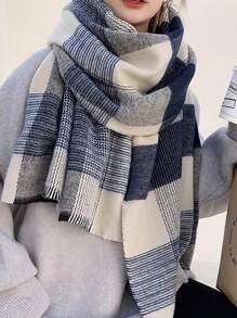 Street 1pc Women's Winter Scarf, European And American Style White-Blue-Grey Plaid Scarf For Women, Thick Warm Student Neck Wrap, Soft And Comfy Blanket Scarf, For Keep Warm Outdoors In Winter