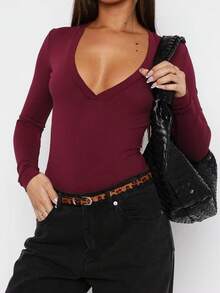 Womens Deep V Neck Long Sleeve Slim Fit T Shirt Tops Tee Casual Fashion Tops - Màu Đỏ Sâu - Xem 3