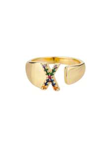 1 Pc Fashion Colorful Zirconia A-Z Letter Ring For Women Gold Color Stainless Steel Geometric Open Initial Ring Wedding Engagement Jewelry Party Gift