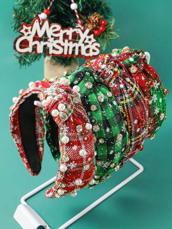 1件圣诞假日雪花图案布艺打结发箍，饰有水钻和珍珠，圣诞帽，女士发箍发带，发饰