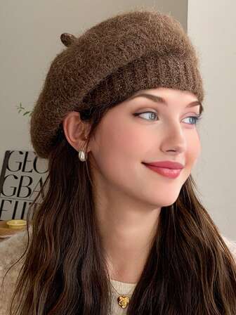 1pc Women Fluffy Knitted Beret Hats, Solid Color Knitted Painter Cap/Newsboy Caps, Suitable For Autumn And Winter Everyday Use, Washable By Hand But Not Machine