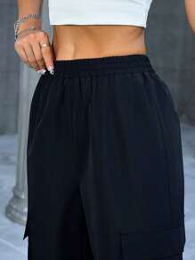 1pc Solid Color Pocket Ladies Straight Leg Sports Pants - Black - View 5