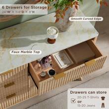 Fluted 6 Drawers Dresser, 54" Wide Modern Chest Of Drawers With Faux Marble Top & Curved Profile Design, Wood Drawer Organizer For Bedroom, Living Room, Hallway - Sồi tự nhiên - Xem 3