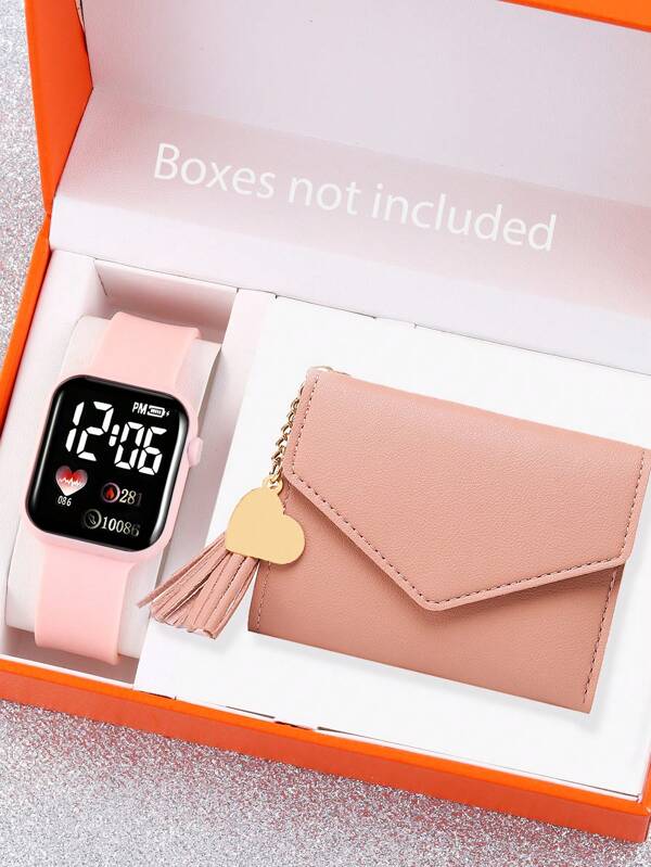 2入組- 1入正方形心形運動數字手錶和1入時尚多層女士錢包，禮物