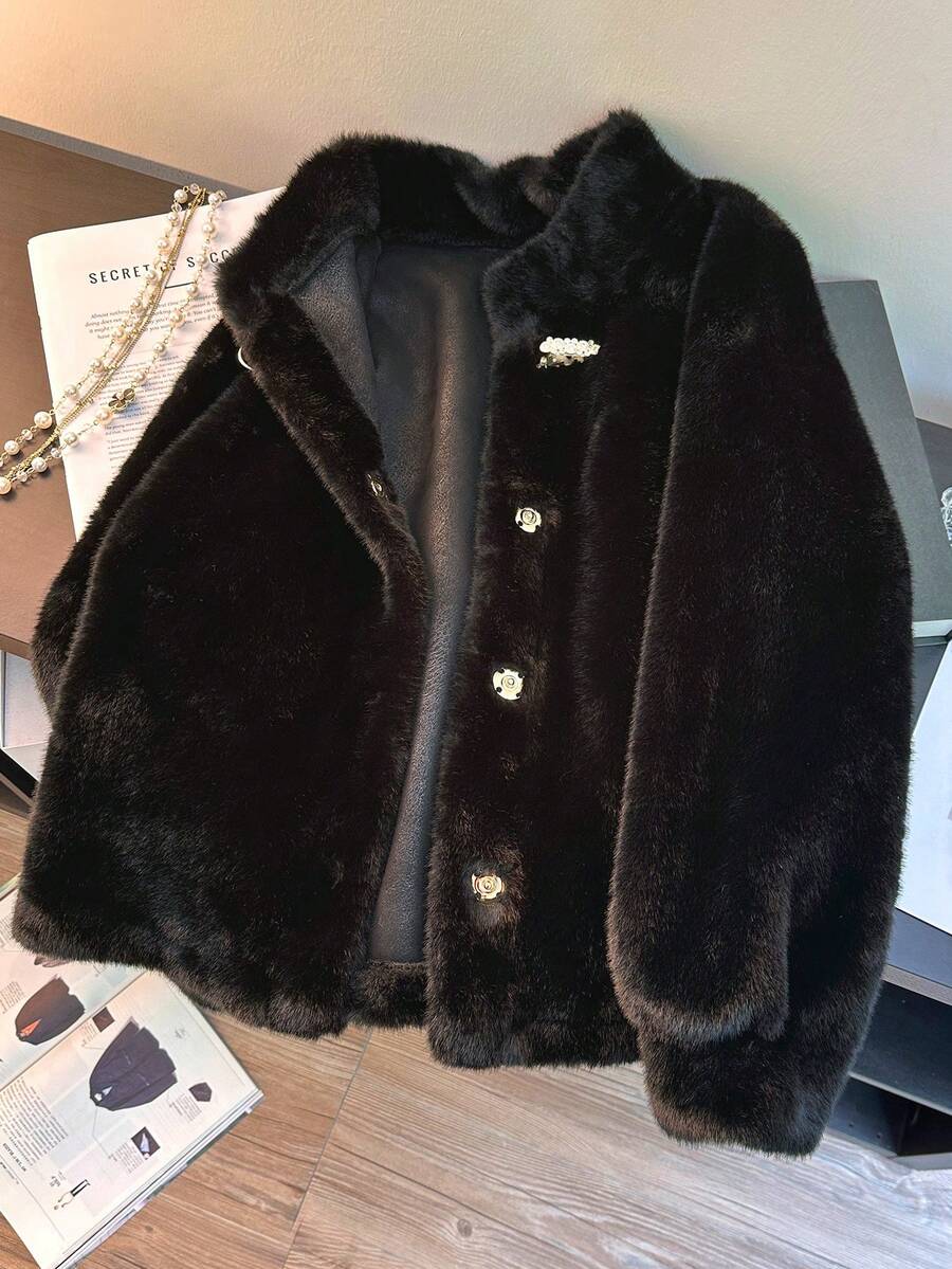 JIANHU Krótki Elegancki Futro Norek Damskie Sztuczne Futro - Czarne - Zobacz 1