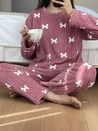 Set Coral Fleece Flannel Bow Top Pants Fluffy Pajama Set, Print Sleepwear Two Pieces Fall Clothes, Cozy view 3