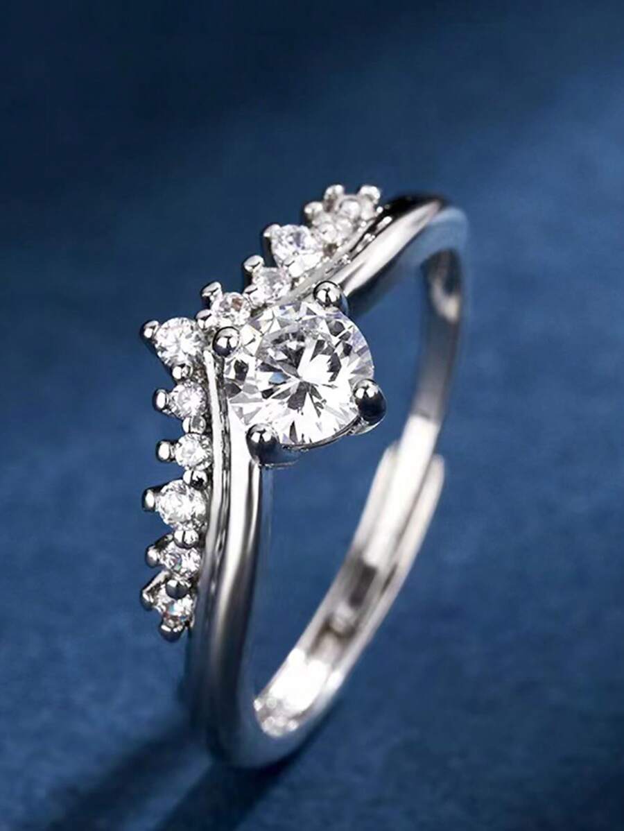 1pc Stainless Steel Korean Sweet Elegant New Moissanite Crown Ring, Luxury Princess Style, Sweet Valentine's Day Gift
