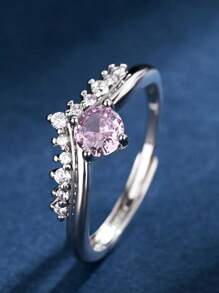 1pc Stainless Steel Korean Sweet Elegant New Moissanite Crown Ring, Luxury Princess Style, Sweet Valentine's Day Gift