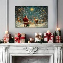 Merry Christmas And Happy New Year Santa Claus And Reindeer Wooden Framed Canvas Painting Wall Art Prints For Home Decoration, Living Room & Bedroom, Festival Party Decor, Gifts, Ready To Hang - A - 查看 3