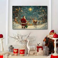 Merry Christmas And Happy New Year Santa Claus And Reindeer Wooden Framed Canvas Painting Wall Art Prints For Home Decoration, Living Room & Bedroom, Festival Party Decor, Gifts, Ready To Hang - A - 查看 4