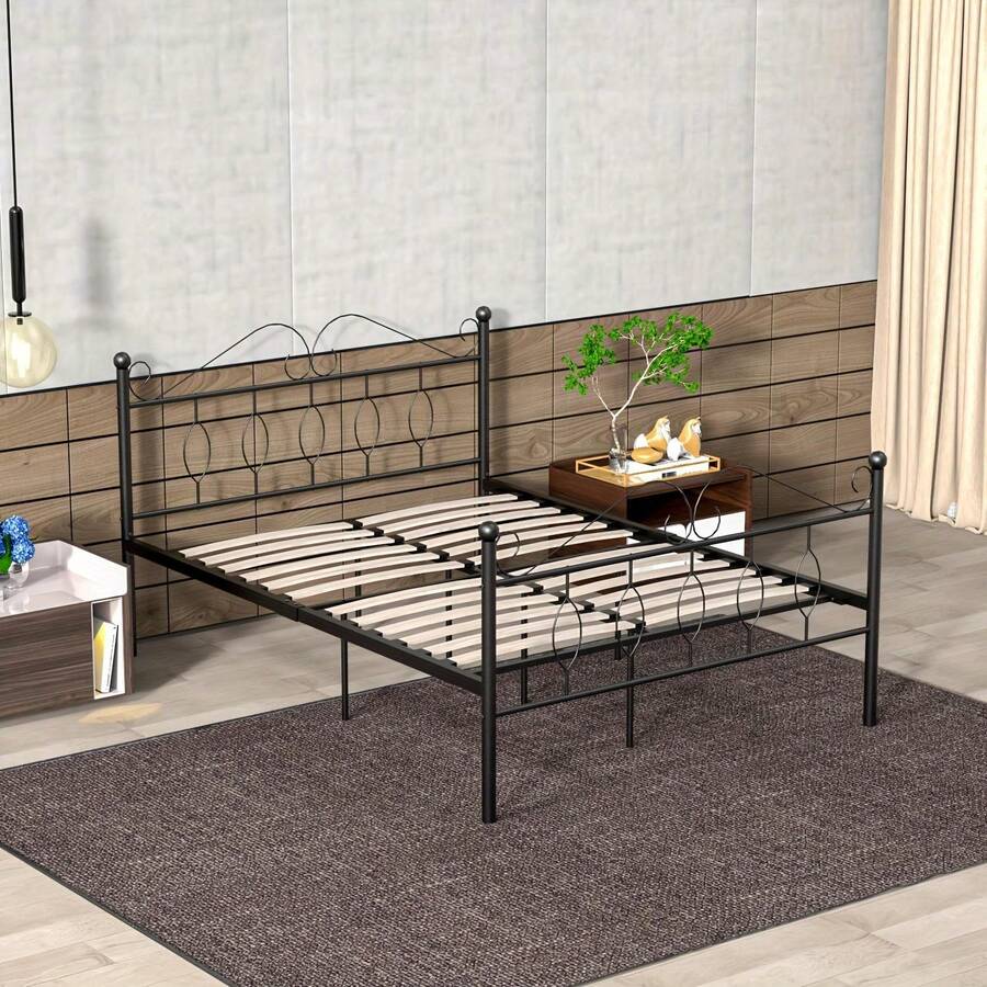King/Double Size Metal Bed Frame Modern Platform Wooden Slat Support