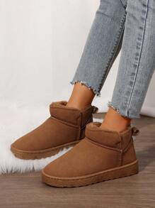 女士时尚拼接设计光滑短靴，保暖一脚蹬靴，优雅休闲短踝靴，秋冬季款，棕色 - 棕色 - 查看 1