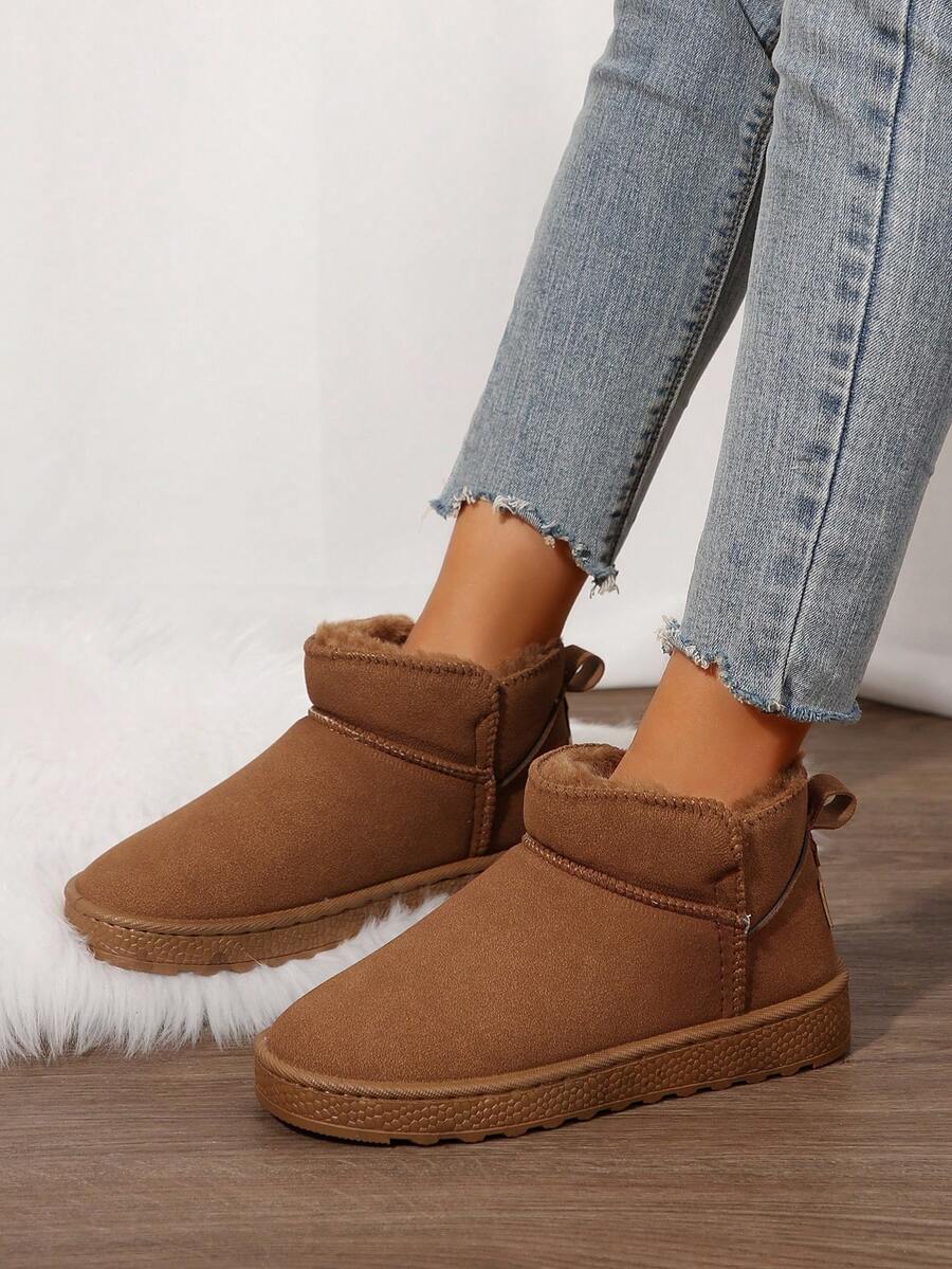 女士时尚拼接设计光滑短靴，保暖一脚蹬靴，优雅休闲短踝靴，秋冬季款，棕色 - 棕色 - 查看 1