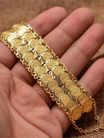 1 件 18K 镀金铜珠串单层/双层/三层手链，防锈，适合婚礼、毕业典礼、开斋节，手工制作的闪闪发光的硬币图案