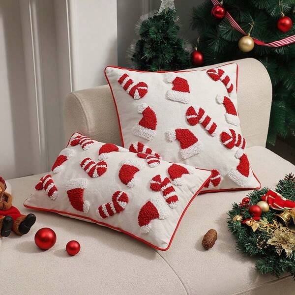 1pc Christmas Adorable 3D Plush Decorative Cushion Cover, 18x18 Inch Red Pillow Sham For Living Room Sofa Holiday Party, Exclude Filling