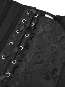 Women Corset Top With Lace Sleeve Lace Up Bustier Lingerie Waist Trainer Costume Tops , White/ Black - Black - View 5