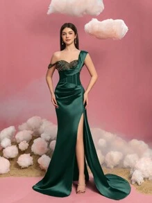 Teen Girls' One-Shoulder Satin Gown For Girls - Elegant Beaded Sweetheart Neckline, High-Slit Skirt & Flowing Side Drape, Formal Evening Dress For Galas, Weddings, Pageants, Proms, Princess-Themed Events