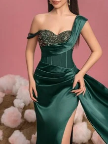 Teen Girls' One-Shoulder Satin Gown For Girls - Elegant Beaded Sweetheart Neckline, High-Slit Skirt & Flowing Side Drape, Formal Evening Dress For Galas, Weddings, Pageants, Proms, Princess-Themed Events