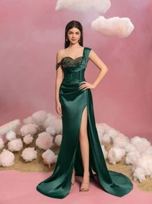 Teen Girls' One-Shoulder Satin Gown For Girls - Elegant Beaded Sweetheart Neckline, High-Slit Skirt & Flowing Side Drape, Formal Evening Dress For Galas, Weddings, Pageants, Proms, Princess-Themed Events