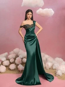 Teen Girls' One-Shoulder Satin Gown For Girls - Elegant Beaded Sweetheart Neckline, High-Slit Skirt & Flowing Side Drape, Formal Evening Dress For Galas, Weddings, Pageants, Proms, Princess-Themed Events