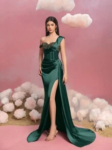 Teen Girls' One-Shoulder Satin Gown For Girls - Elegant Beaded Sweetheart Neckline, High-Slit Skirt & Flowing Side Drape, Formal Evening Dress For Galas, Weddings, Pageants, Proms, Princess-Themed Events