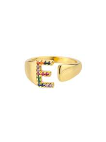 1 Pc Fashion Colorful Zirconia A-Z Letter Ring For Women Gold Color Stainless Steel Geometric Open Initial Ring Wedding Engagement Jewelry Party Gift