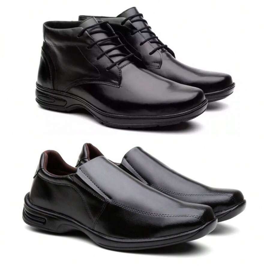 Kit 2 Pairs Of Men's Orthopedic Boots In Imported Leather Confort + Men's Dress Shoes With Special Sole, Super Comfortable, Ready For Delivery - ĐEN / ĐEN - Xem 1