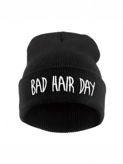 BAD HAIR DAY Graphic Beanie Embroidered Black Coldproof Skull Cap Casual Elastic Knit Hats Cuffed Beanies For Women Men Autumn & Winter