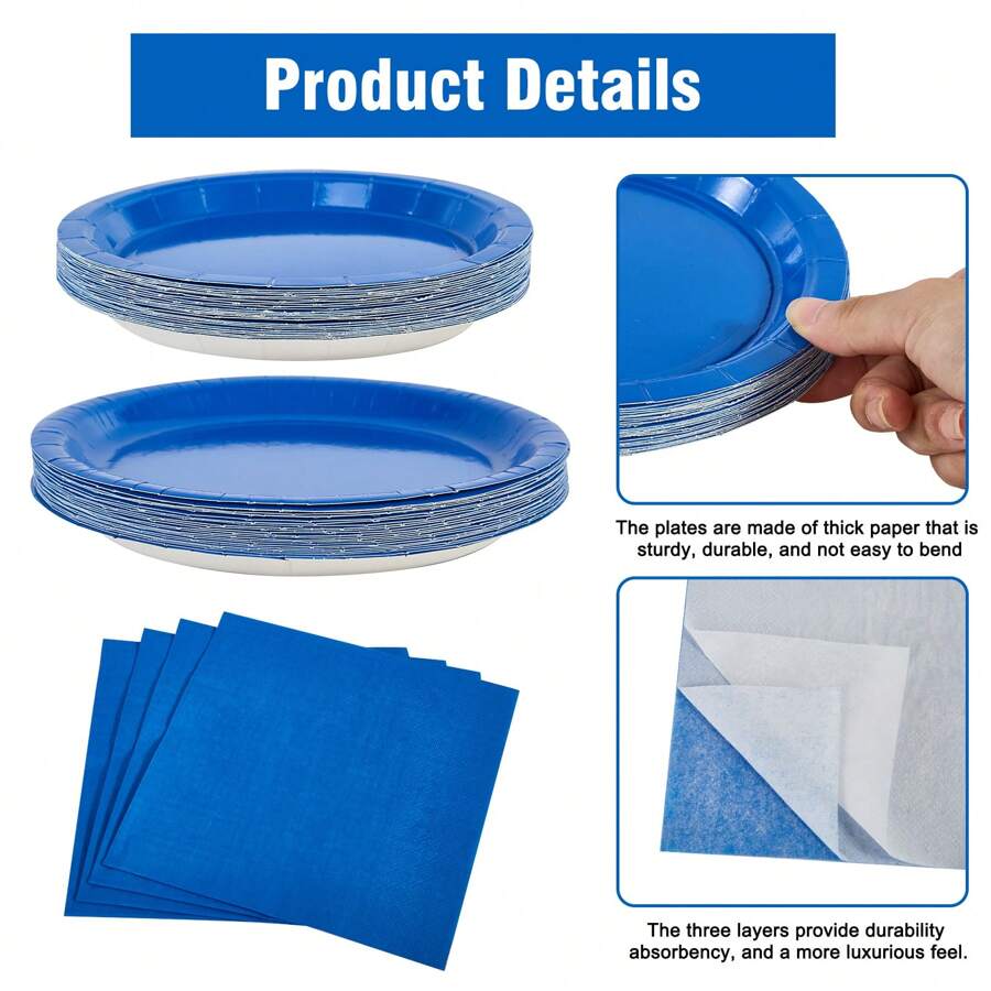 Solid Royal Blue Paper Plates And Napkins Set With Plastic Tablecloth