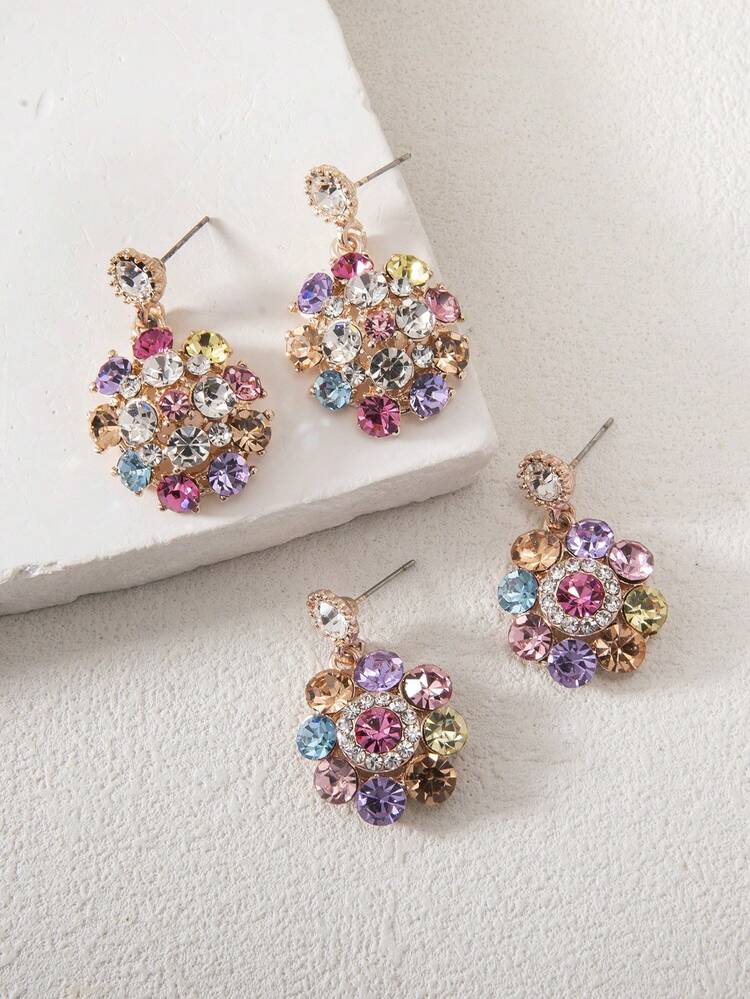 1 套彩色花卉水晶吊坠耳环，时尚奢华轻质耳钉 - 彩色 - 查看 1